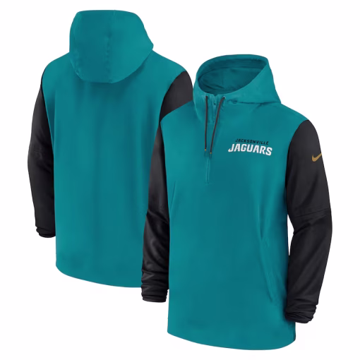 Jacksonville Jaguars Nike 2024/25 Sideline Pre-Game Player 1/2-Zip Hoodie Jacket – Teal/Black