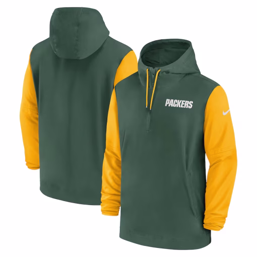 Men’s Green Bay Packers Nike Green/Gold 2024/25 Sideline Pre-Game Player 1/2-Zip Hoodie Jacket