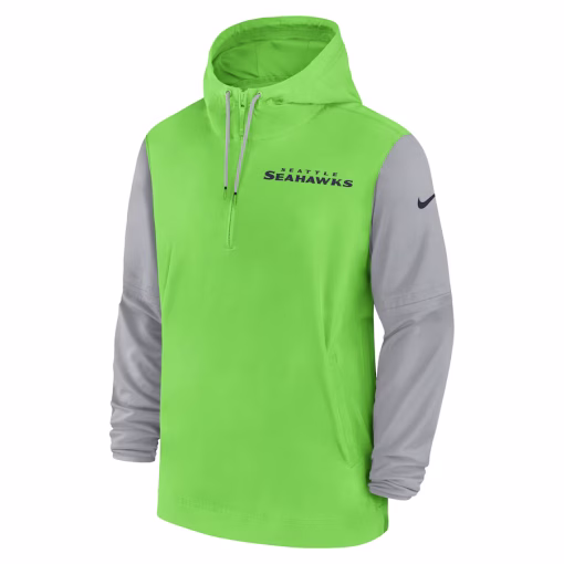 Seattle Seahawks Nike 2024/25 Sideline Pre-Game Player 1/2-Zip Hoodie Jacket – Neon Green/Gray - Image 2