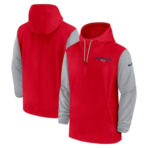 New England Patriots Nike 2024/25 Sideline Pre-Game Player 1/2-Zip Hoodie Jacket – Red/Gray