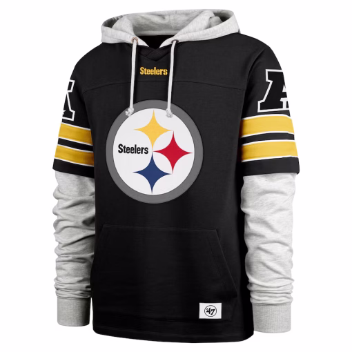 Men’s Pittsburgh Steelers ’47 Black Double Header Blitz Cornerback Pullover Hoodie - Image 2