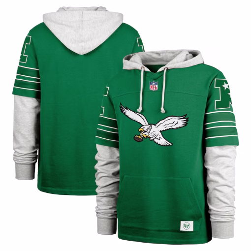 Men’s Philadelphia Eagles ’47 Kelly Green Double Header Blitz Throwback Cornerback Pullover Hoodie