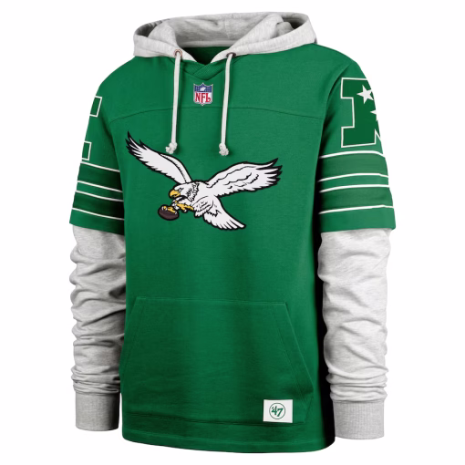 Men’s Philadelphia Eagles ’47 Kelly Green Double Header Blitz Throwback Cornerback Pullover Hoodie - Image 2