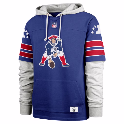New England Patriots ’47 Double Header Blitz Throwback Cornerback Pullover Hoodie – Royal - Image 2