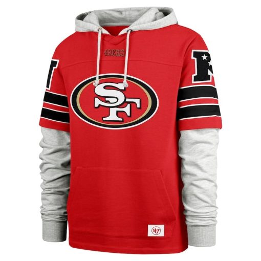 San Francisco 49ers ’47 Double Header Blitz Cornerback Pullover Hoodie – Scarlet - Image 2