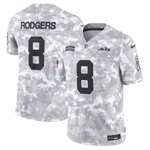 Aaron Rodgers New York Jets Nike 2024 Salute to Service Limited Jersey – Arctic Camo