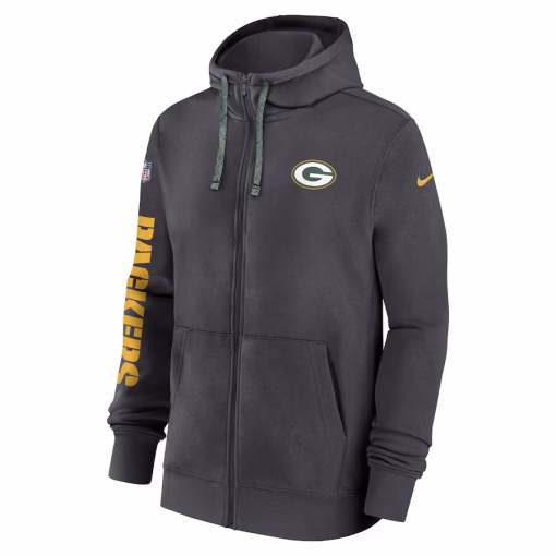 Men’s Green Bay Packers Nike Anthracite 2024 Sideline Club Full-Zip Hoodie - Image 2