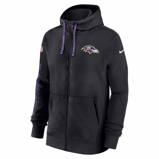 Baltimore Ravens Nike 2024 Sideline Club Full-Zip Hoodie – Black - Image 2