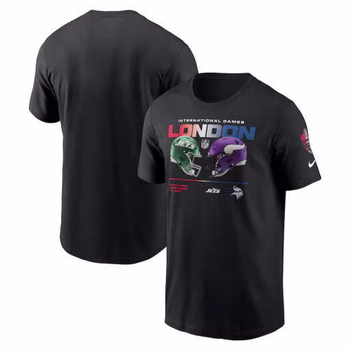 New York Jets vs. Minnesota Vikings Nike International Games London 2024 T-Shirt – Black