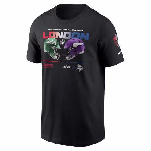 New York Jets vs. Minnesota Vikings Nike International Games London 2024 T-Shirt – Black - Image 2