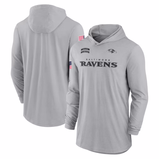 Baltimore Ravens Nike 2024 Salute to Service Lightweight Performance Long Sleeve Hooded T-Shirt – Gray
