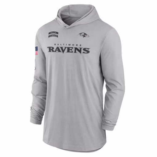 Baltimore Ravens Nike 2024 Salute to Service Lightweight Performance Long Sleeve Hooded T-Shirt – Gray - Image 2