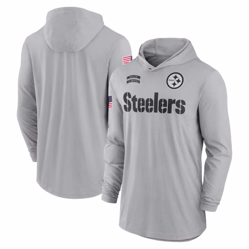 Men’s Pittsburgh Steelers Nike Gray 2024 Salute to Service Lightweight Performance Long Sleeve Hooded T-Shirt