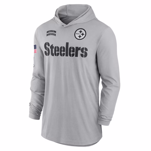 Men’s Pittsburgh Steelers Nike Gray 2024 Salute to Service Lightweight Performance Long Sleeve Hooded T-Shirt - Image 2