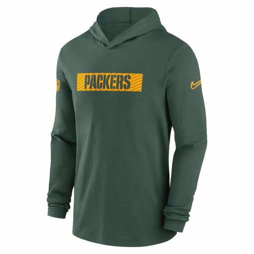 Men’s Green Bay Packers Nike Green Sideline Hoodie Performance Long Sleeve T-Shirt - Image 2