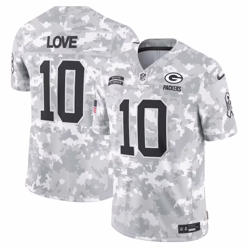 Men’s Green Bay Packers Jordan Love Nike Arctic Camo 2024 Salute to Service Limited Jersey