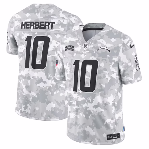 Justin Herbert Los Angeles Chargers Nike 2024 Salute to Service Limited Jersey – Arctic Camo