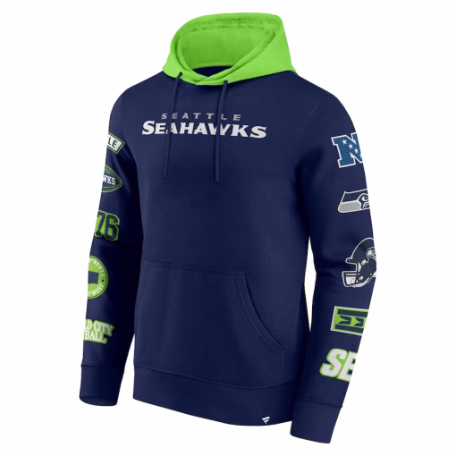 Seattle Seahawks Fanatics Patched Out Pullover Hoodie – College Navy/Neon Green - Image 2