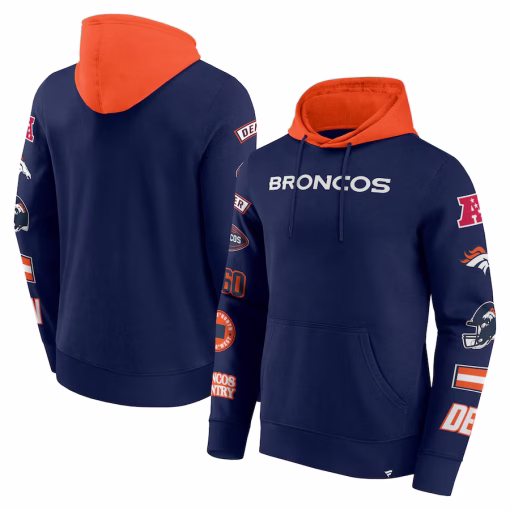 Denver Broncos Fanatics Patched Out Pullover Hoodie – Navy/Orange