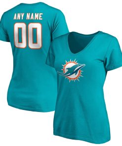Miami Dolphins Women’s Team Authentic Personalized Name & Number V-Neck T-Shirt – Aqua