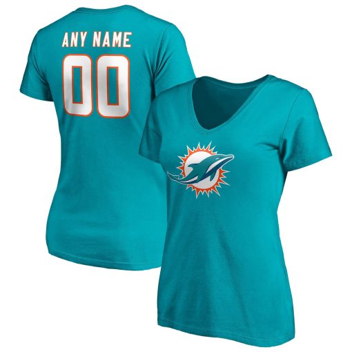 Miami Dolphins Women’s Team Authentic Personalized Name & Number V-Neck T-Shirt – Aqua