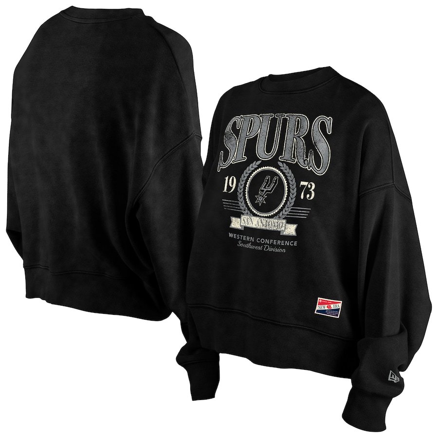 San Antonio Spurs New Era Women's Hardwood Classics Enzyme Wash Oversized Boxy Pullover Sweatshirt – Black