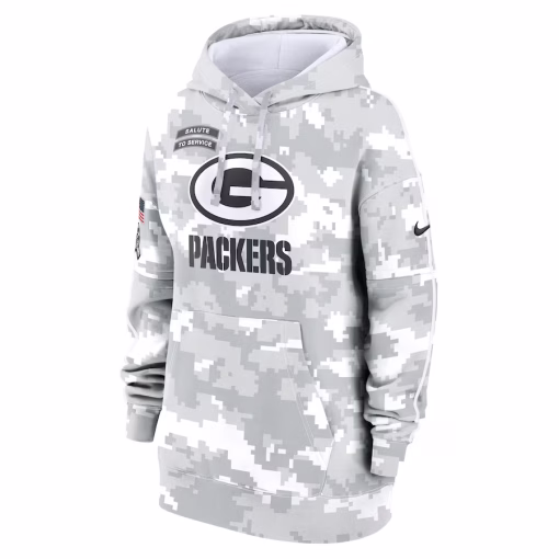 Women’s Green Bay Packers Nike Arctic Camo 2024 Salute To Service Club Fleece Oversized Pullover Hoodie - Image 2