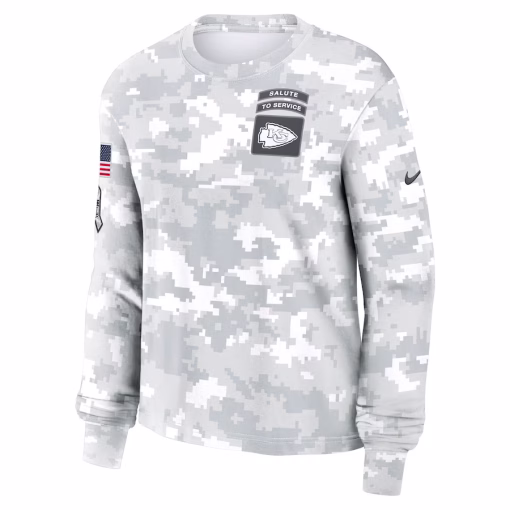 Women’s Kansas City Chiefs Nike Arctic Camo 2024 Salute To Service Long Sleeve T-Shirt - Image 2