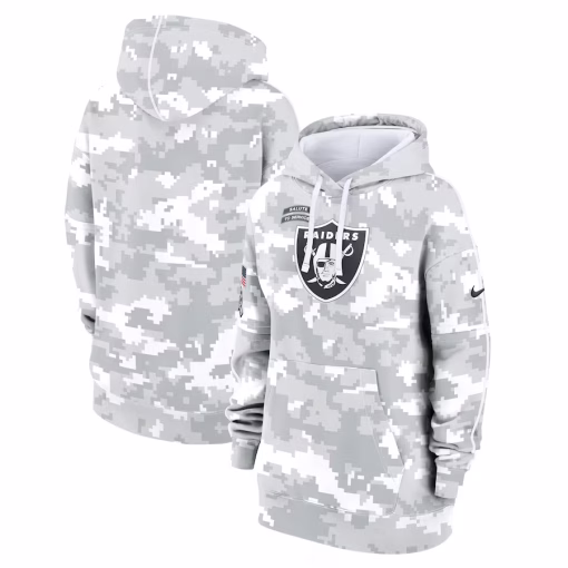 Las Vegas Raiders Nike Women’s 2024 Salute To Service Club Fleece Oversized Pullover Hoodie – Arctic Camo