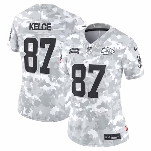 Women’s Kansas City Chiefs Travis Kelce Nike Arctic Camo 2024 Salute to Service Limited Jersey