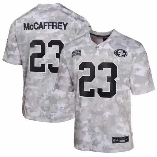 Christian McCaffrey San Francisco 49ers Nike Youth 2024 Salute to Service Game Jersey – Arctic Camo