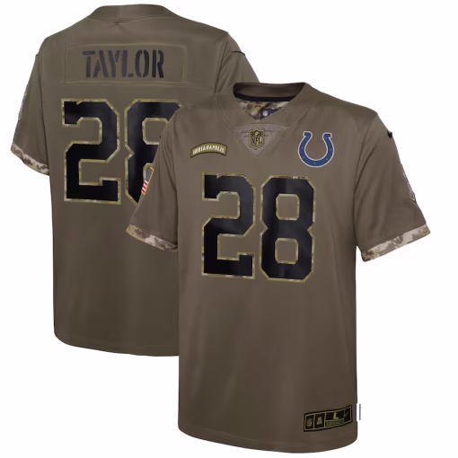 Jonathan Taylor Indianapolis Colts Nike Youth Salute To Service Player Limited Jersey – Olive