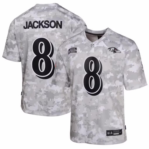 Lamar Jackson Baltimore Ravens Nike Youth 2024 Salute to Service Game Jersey – Arctic Camo