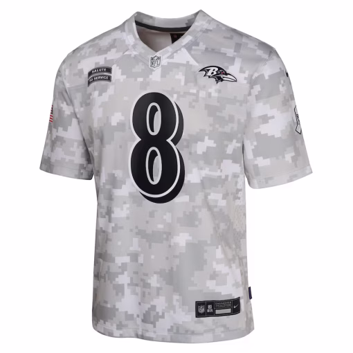 Lamar Jackson Baltimore Ravens Nike Youth 2024 Salute to Service Game Jersey – Arctic Camo - Image 2
